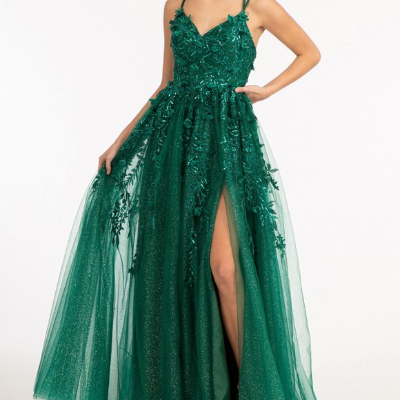 GREEN Sequin Embellished Mesh A-line Flower Applique and Side Slit DRESS gl 3033